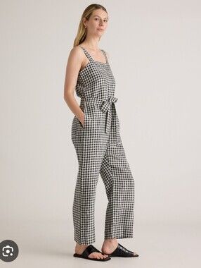 QUINCE European Linen Gingham Tie-Waist Jumpsuit - Black & White XL